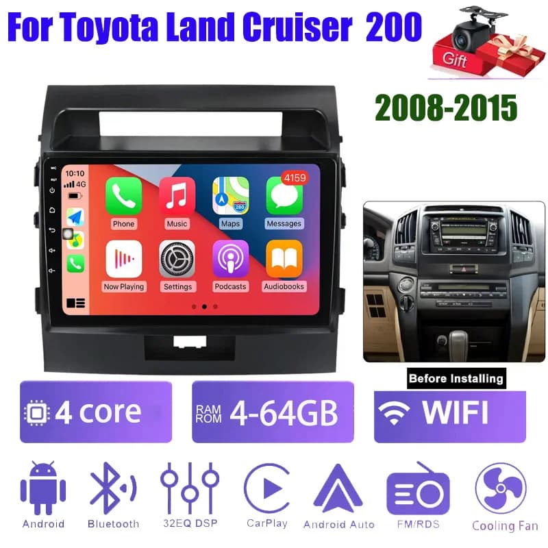 Autoradio Android 2Din da 10 pollici 4+64GB per Toyota Land Cruiser 200 2007-2015, lettore multimediale video, navigatore GPS, DSP