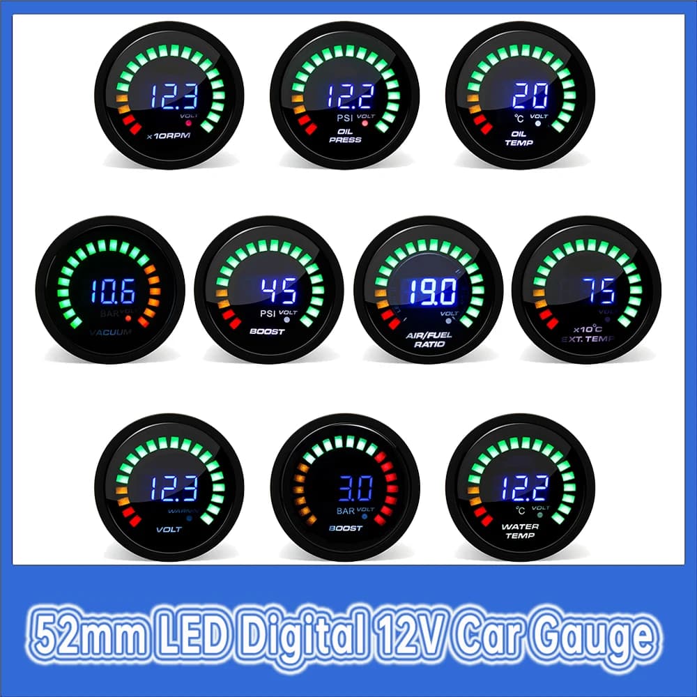 52 MILLIMETRI LED Digitale 12V Auto Gauge RPM Contagiri Boost Vuoto Voltmetro Pressa Olio Rapporto Aria/carburante EGT Gauge Misura per 12V Auto
