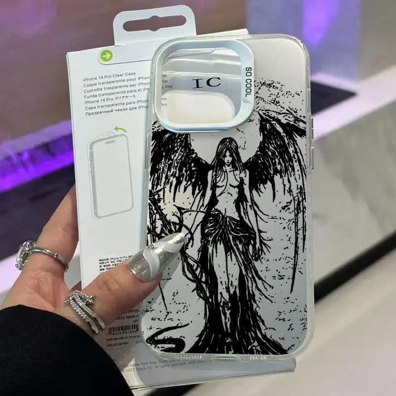 Sexy Black Line Angel Wings Girl Phone Case For iPhone 17 Air X XR XSMax Mini 7 8 Plus 16 15 14 13 12 11 Pro Max Y2K Hard Cover