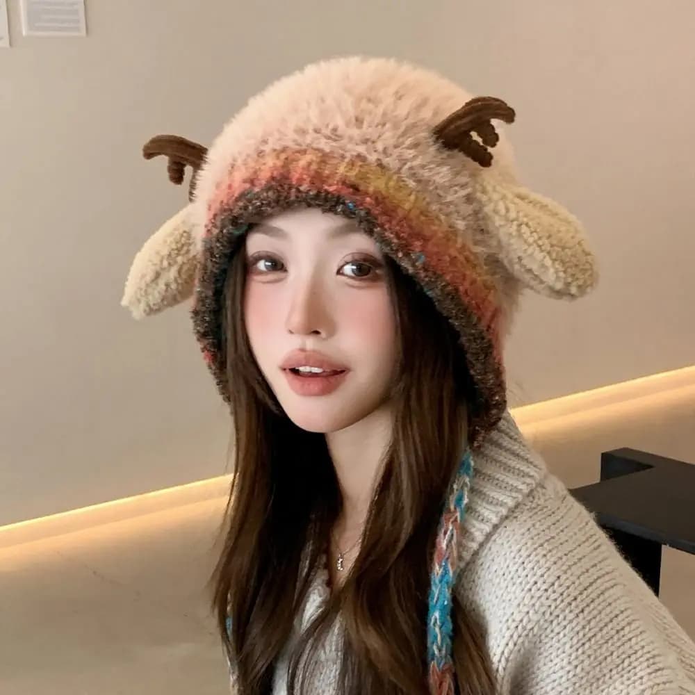 New Fur Deer Storage Hat Ear Protection Warm Festival Christmas Antler Hat Elastic Adjustable Knitted Deer Antler Hat Outdoor