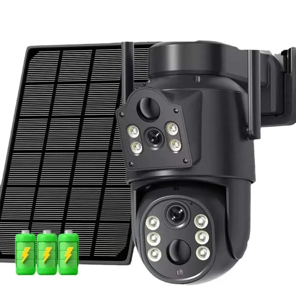 Telecamera IP Dome PTZ Wireless a Energia Solare con Doppia Lente 4MP, App iCsee, Visione a Colori, Rilevamento AI Umanoide, Monitoraggio CCTV per Bambini