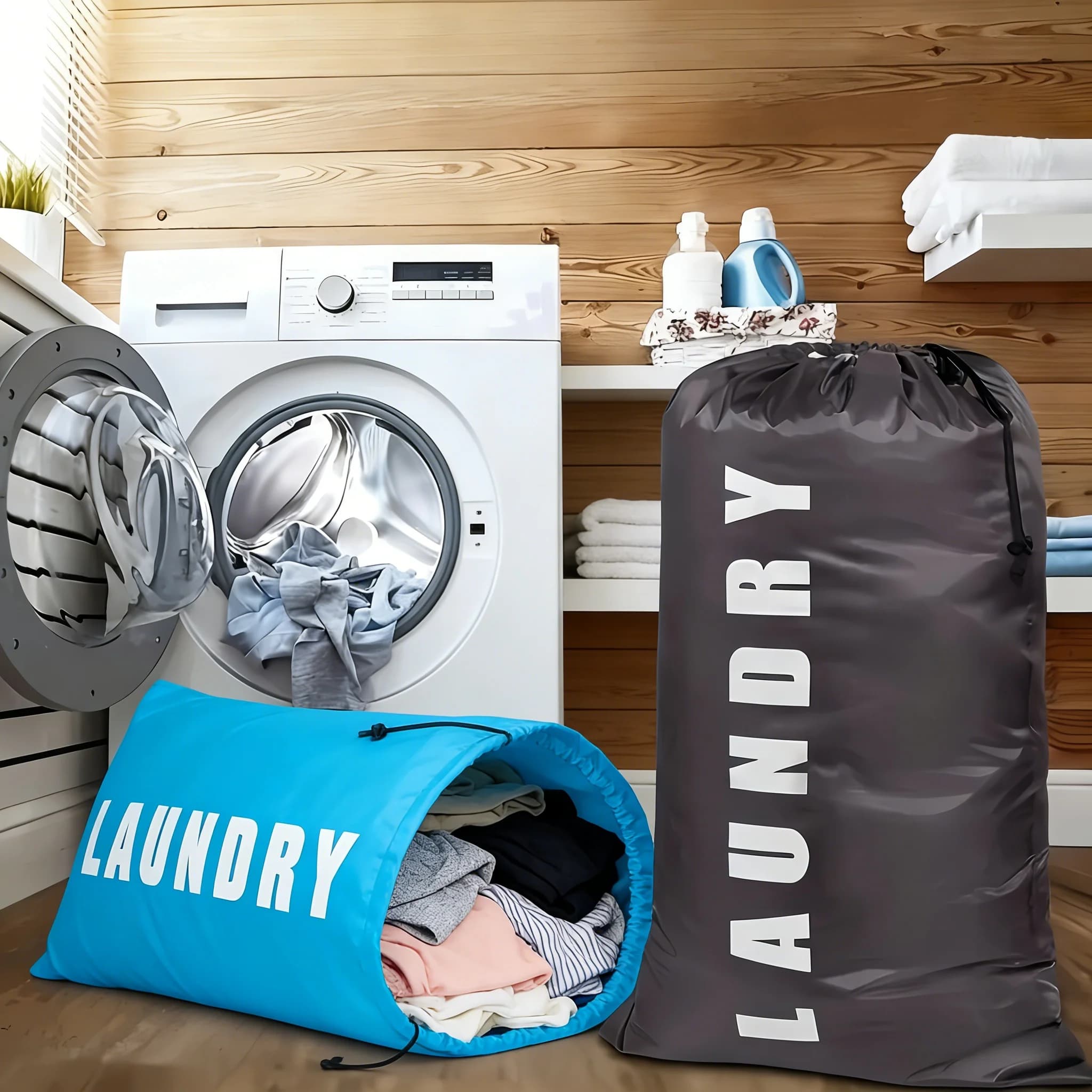Sacchi per Bucato in Tessuto Oxford con Stampa 'LAUNDRY': Tessuto Resistente all'Acqua, Riutilizzabili per l'Organizzazione a Lungo Termine della Lavanderia