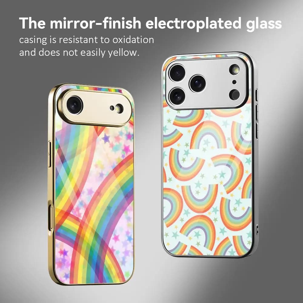 Rainbow Fashion Phone Case for iPhone 17 16 15 14 13 12 Pro Max Plus, with Galvanized Metal Bumper