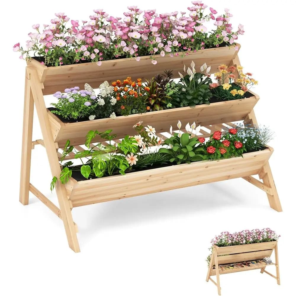 All-Weather 3-Tier Wooden Planter Box with Storage Shelf and Hanging Hooks for Patio or Lawn