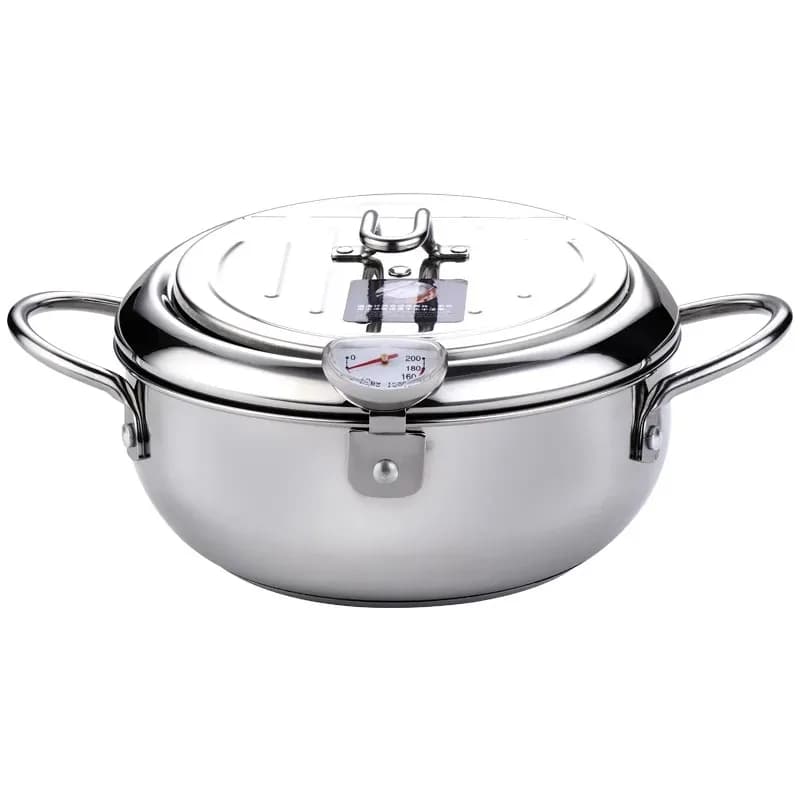 Pentola Giapponese per Frittura Profonda con Termometro e Coperchio, Padella per Tempura in Acciaio Inox 304, 20-24 Cm