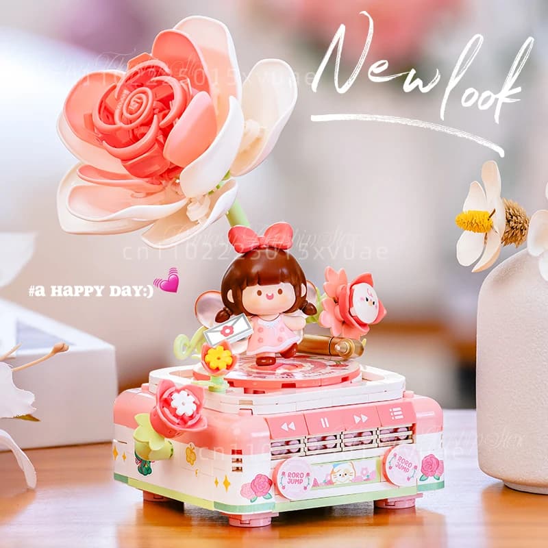 Nuovo prodotto Salsa di carne Building Block Campo di fiori Macchina da scrivere Grammofono Assemblare modelli di giocattoli carini Ornamenti Regalo di Natale per ragazze
