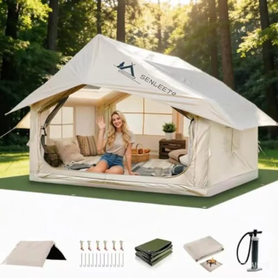 Tenda da Campeggio Gonfiabile per 4-6 Persone, Grande Tenda Gonfiabile con Pompa Manuale, Facile da Montare, Tenda Glamping Portatile Blu