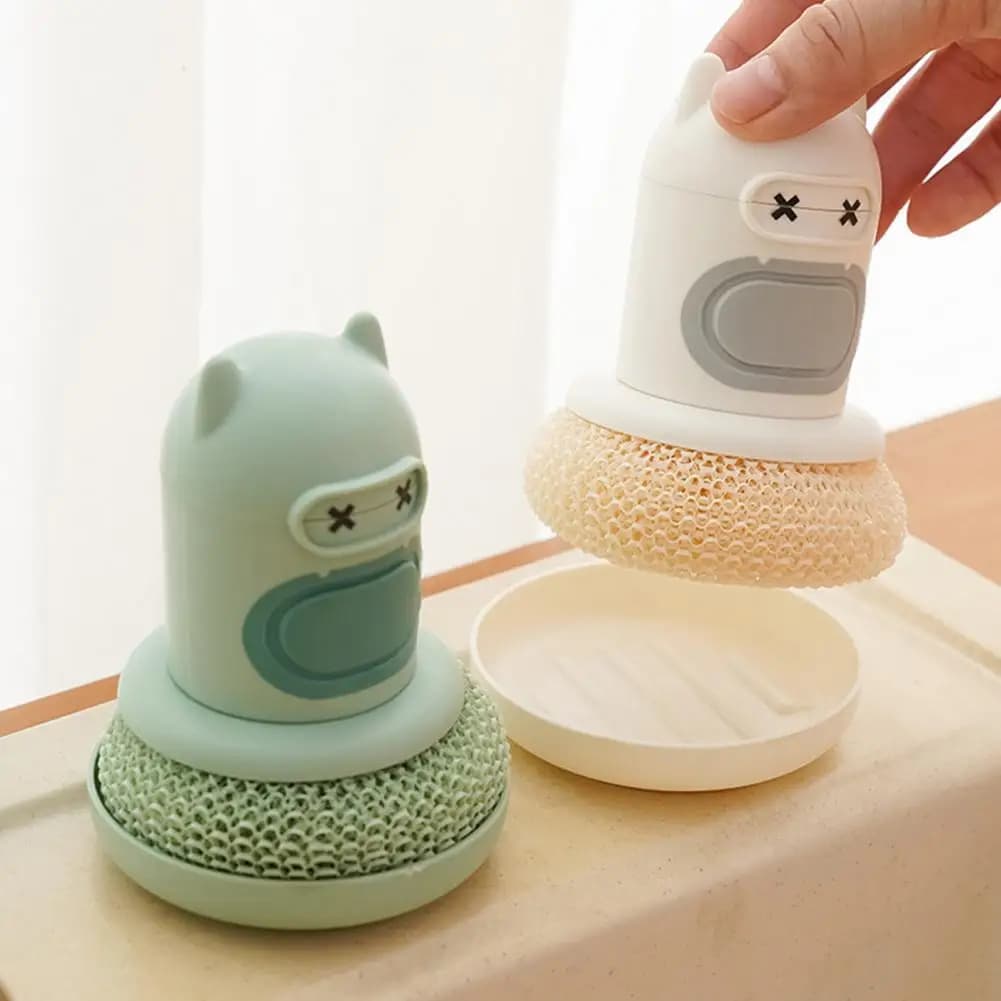 Set di 2 Spazzole per Piatti con Dispenser di Sapone e Disinfettante, Ergonomiche con Impugnatura a Palmo per Superfici Antiaderenti