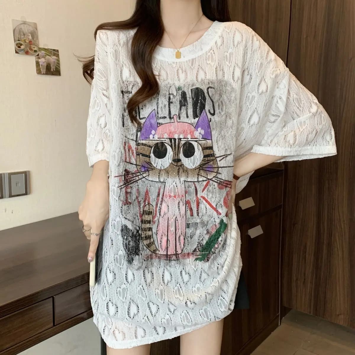 Large size women's clothing spring and summer new loose and thin lace jacquard cartoon printed short-sleeved t-shirt