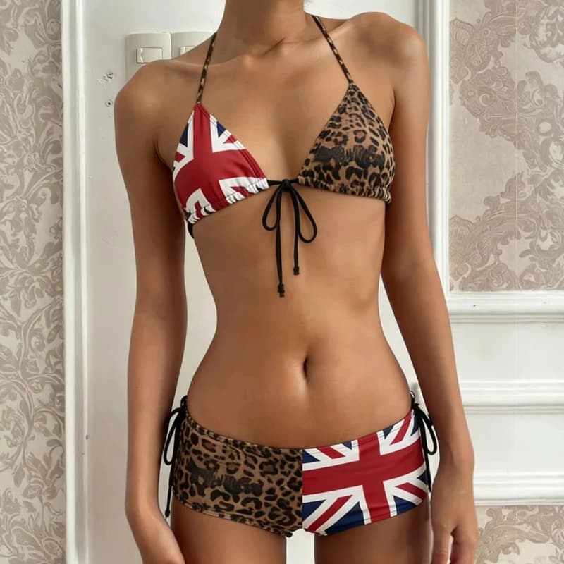 Set Bikini Estivo Americano Casual alla Moda con Stampa Leopardata e Bandiera, Due Pezzi Sexy Stile Spice Girl Harajuku per Vacanze al Mare