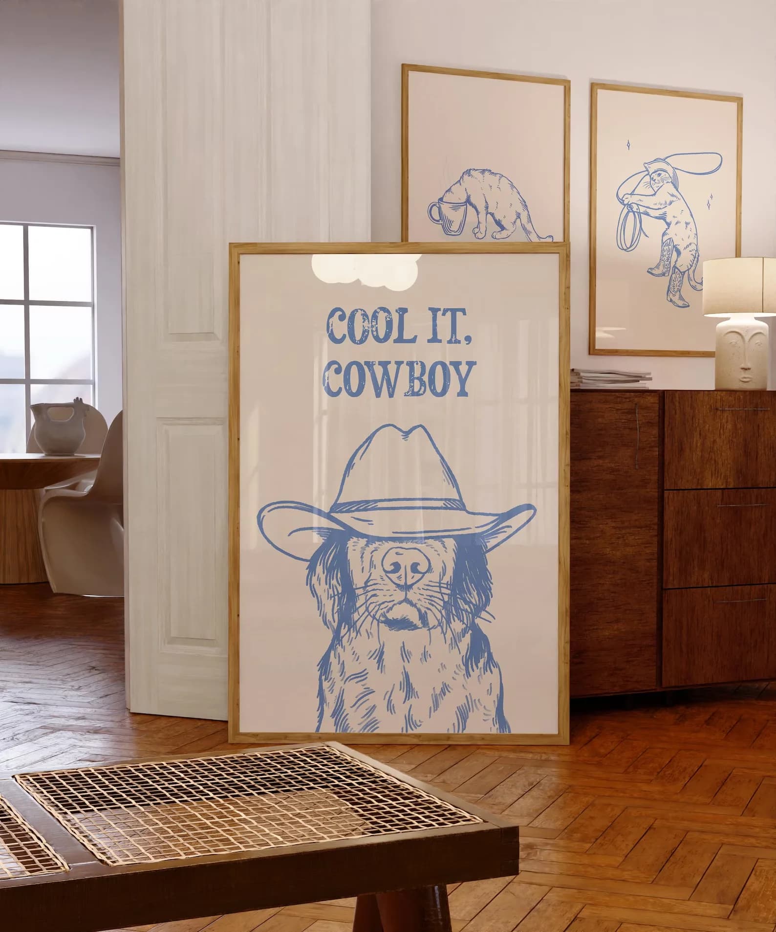 cool it cowboy stampa artistica stampa retrò arte vintage blu arte da parete cane cane occidentale stampa arredamento alla moda download digitale