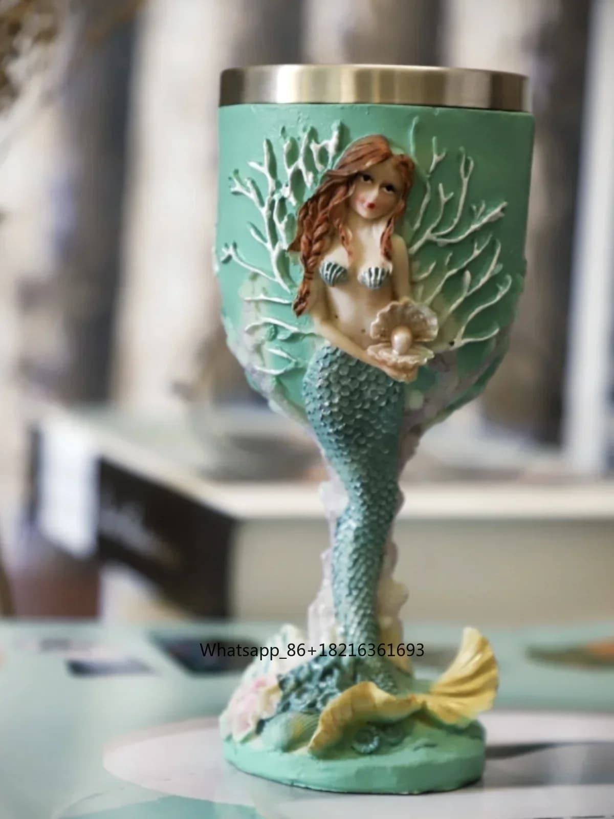 Calice artigianale in resina con incisione tridimensionale a forma di sirena, dipinto a mano, creativo, in acciaio inossidabile, per vino, commercio estero, tazza per acqua