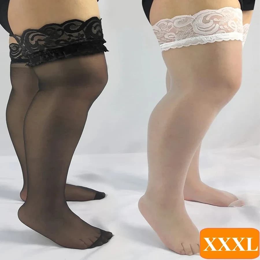 Calzini lunghi da donna elastici taglie forti Calza alta alla coscia Top in pizzo bianco nero sopra il ginocchio Calze sexy con silicone antiscivolo