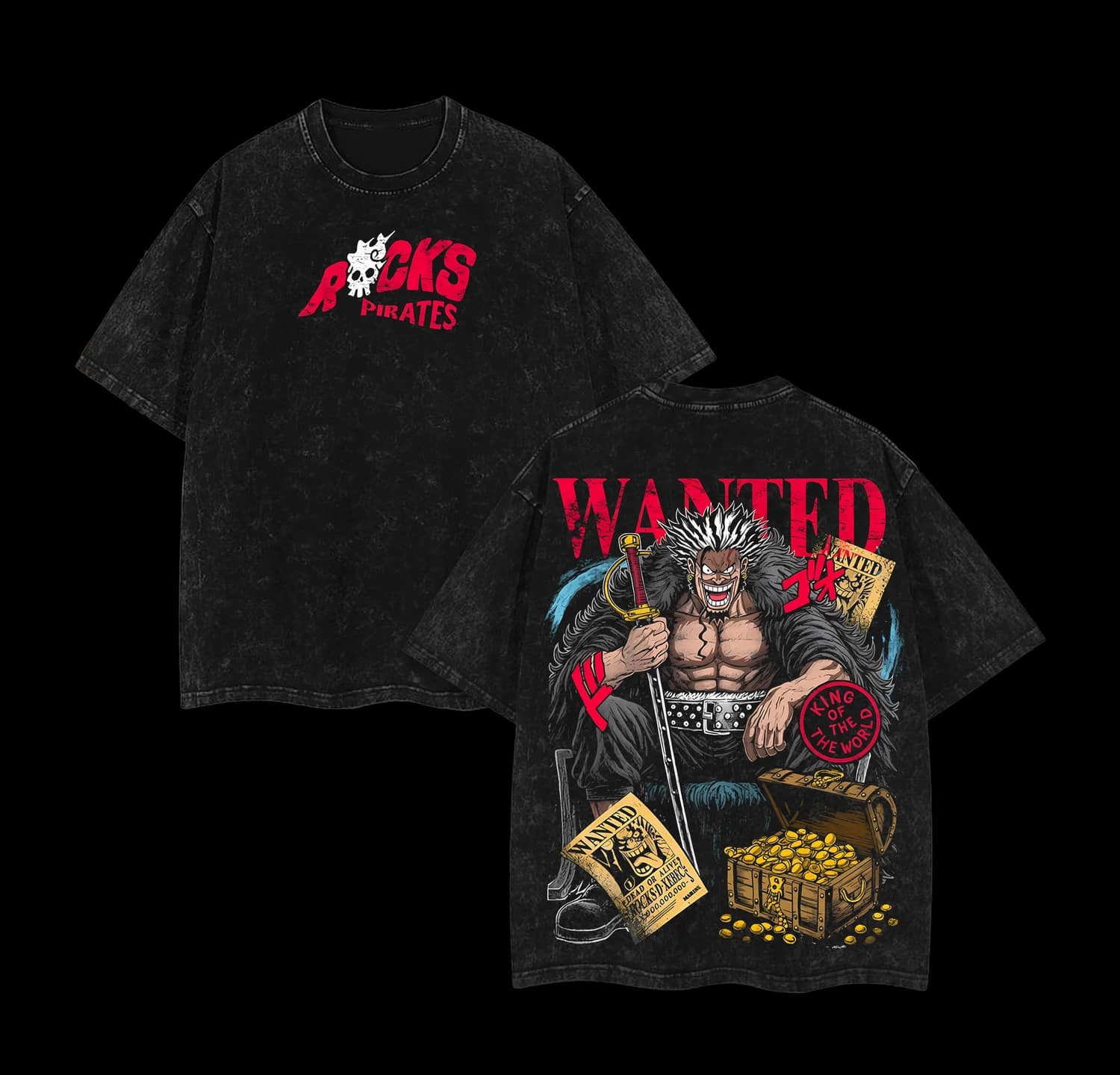 anime One Piece Rocks D.Xebec graphic unisex black Acid Wash cotton Tshirt O-neck Vintage Short sleeve 2026 summer Y2k Men shirt
