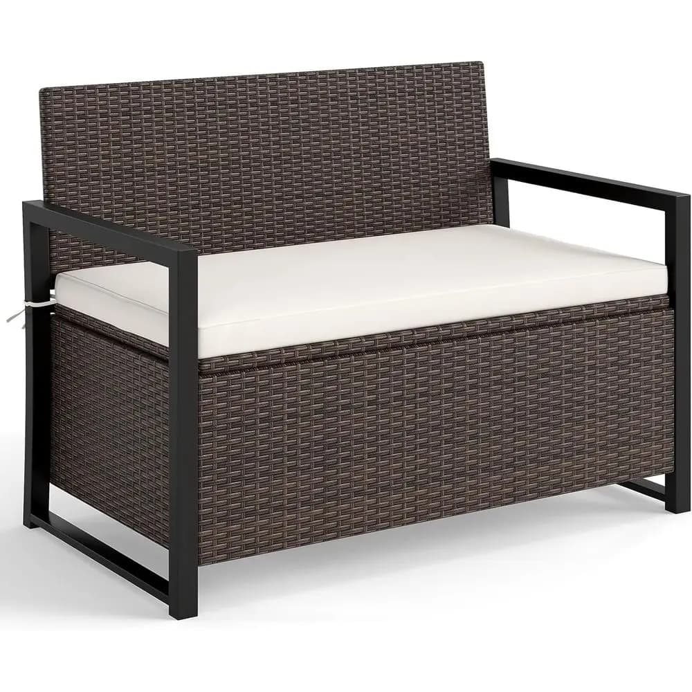 40 Gallon Outdoor Bench with Storage, Patio Wicker Storage Bench with Cushion, Cover, Metal, Deck Box Seat or Backyard, Poolside