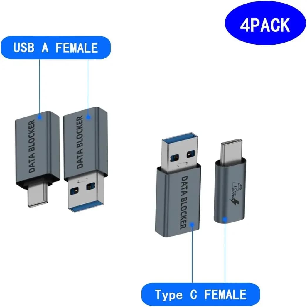 Set di 4 Adattatori Blocca-Dati, USB-C a C Femmina, USB-C a A Femmina, USB-A a C Femmina, USB-A Femmina, Viaggio Sicuro, Anti-Hacking