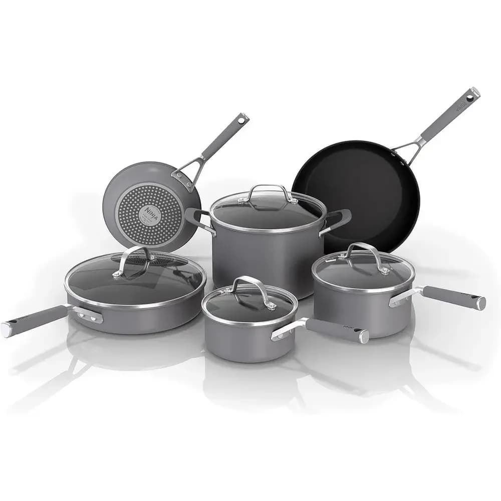 10-Piece Non-Stick Cookware Set with Comfort Grip, Frying Pan, Sauce Pan, Stock Pot, Lids, Dishwasher and Oven Safe to 400°