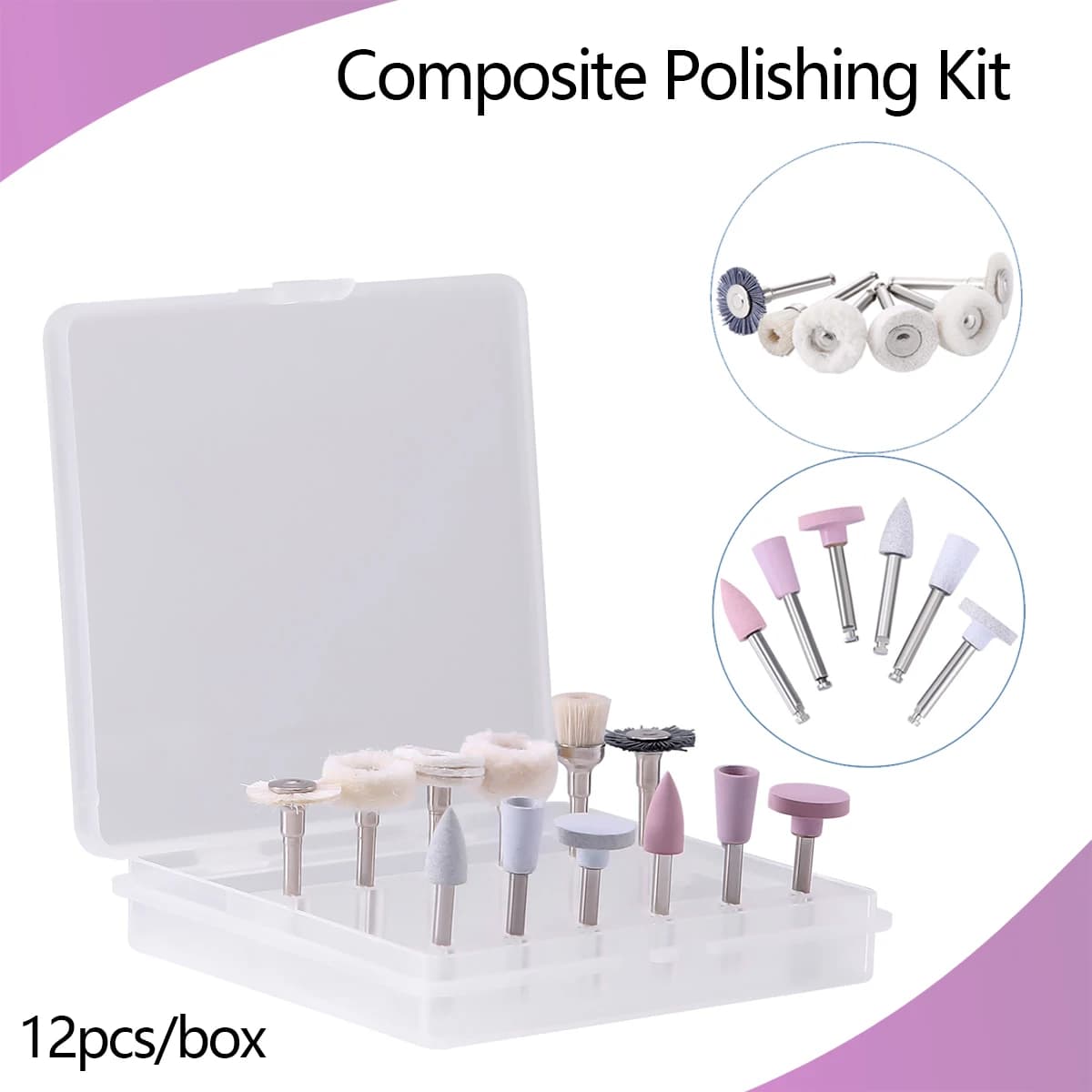 12PCS/Box Dental Composite Polishing Kit RA 2.35mm for Low Speed Hanpiece Polisher for Porcelain Natural Teeth Nail Polishing