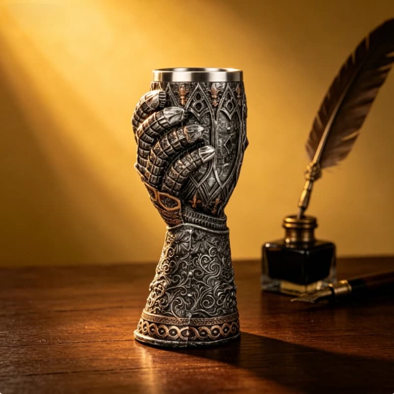 Boccale da Birra in Acciaio Inossidabile 304 Stile Cavaliere Inglese con Design Guanto Corazzato e Giuramento Latino, Calice da Vino