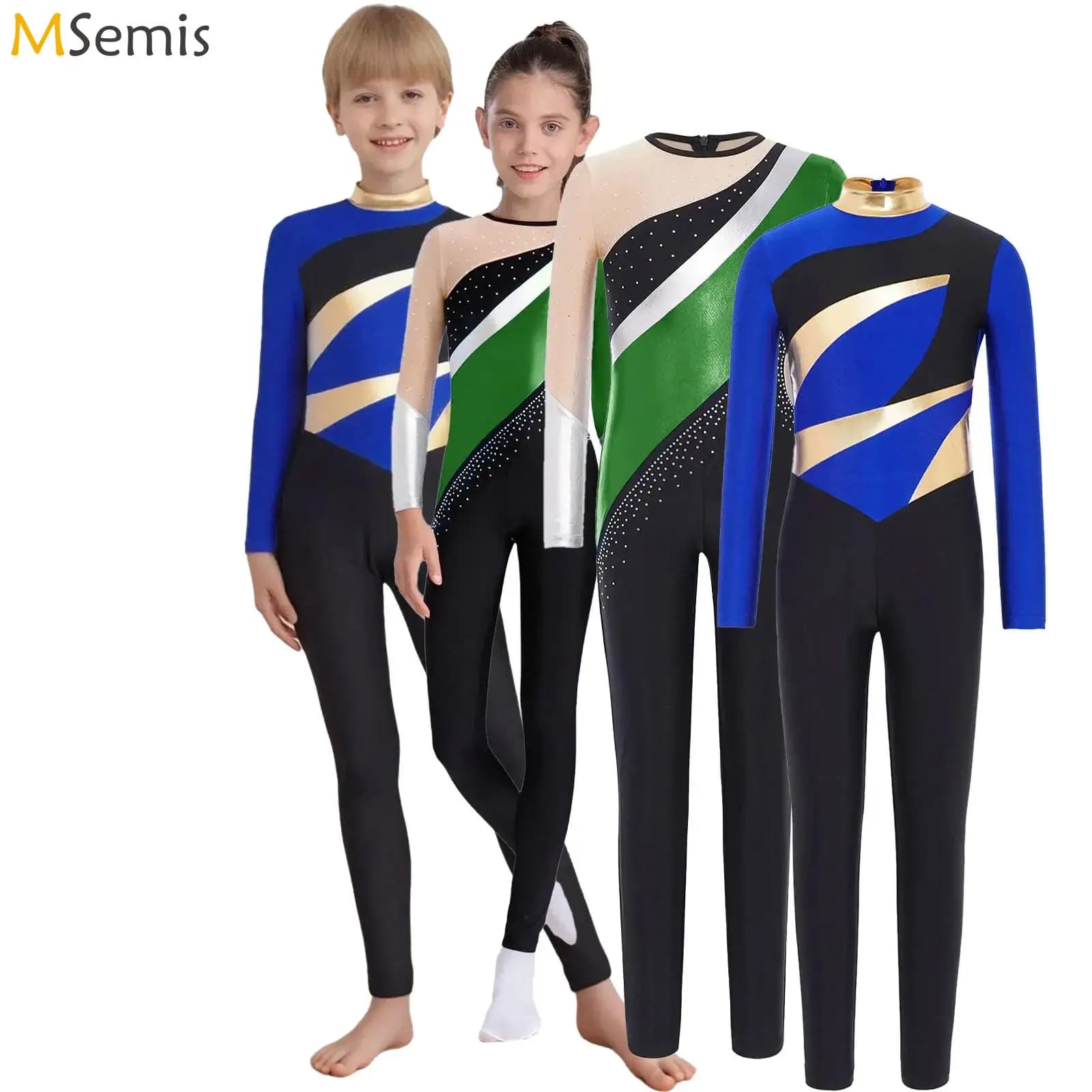 Body patchwork metallico per bambini Pattinaggio di figura Balletto Danza Tuta Ragazze Ragazzi Maglia a maniche lunghe Tuta da ginnastica ritmica