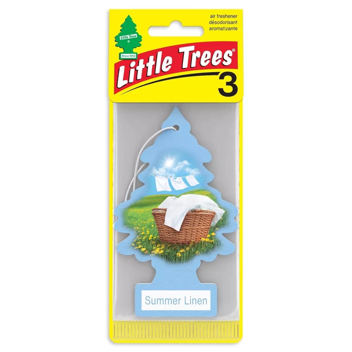 Deodorante per Auto Little Trees Summer Linen, Confezione da 3: Albero Profumato per Auto, Blu Cielo, Usa e Getta, Non Elettrico, Durata 8 Settimane