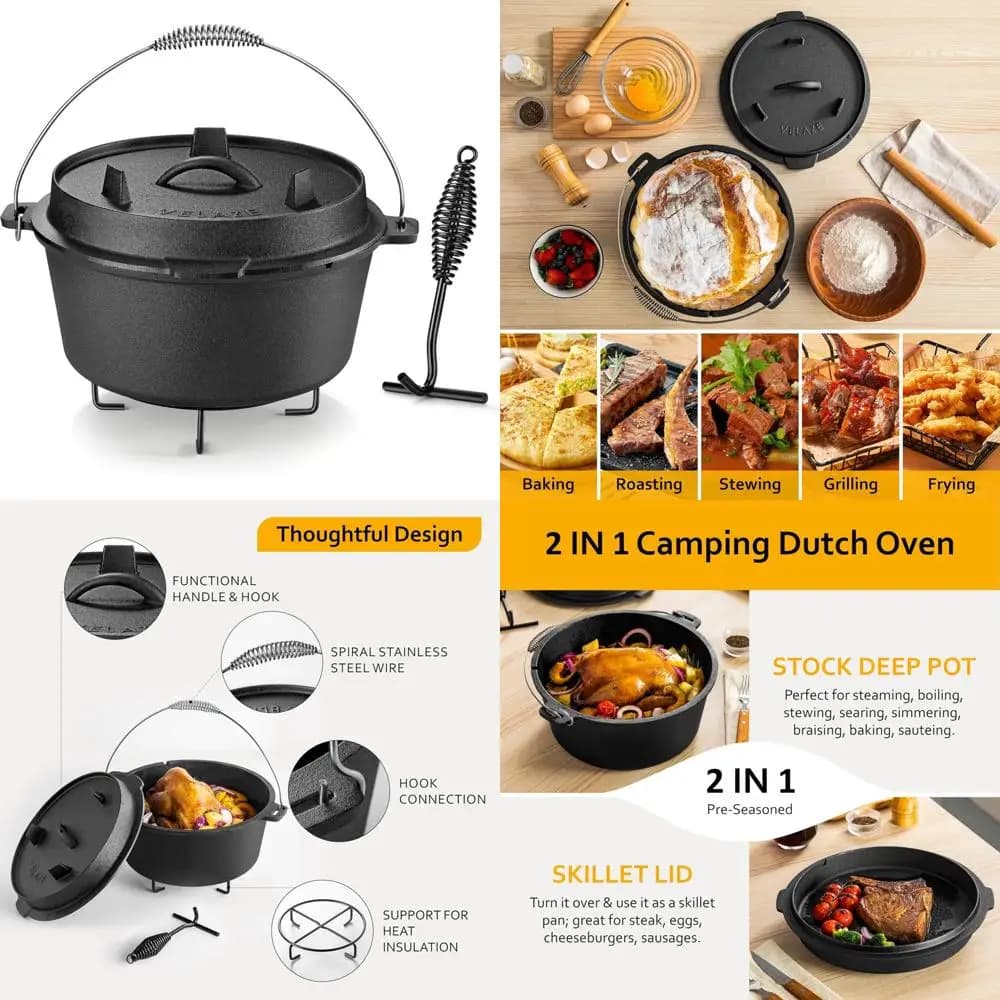 Prefabricated Dutch Cast Iron Oven, 10 litre camping pot with lid, compatible with oven and stove, essential for outdoor cooking