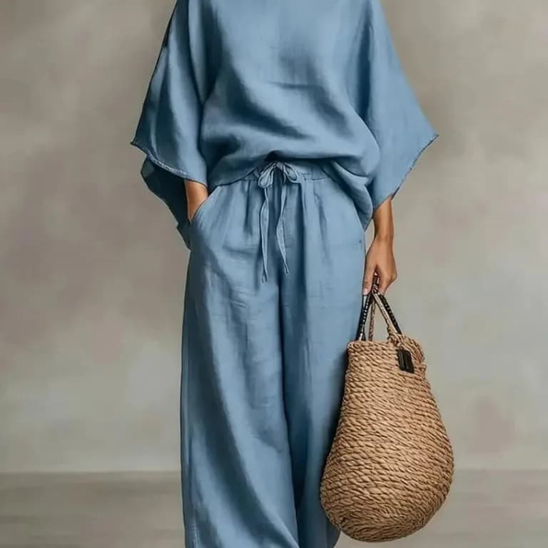 2026 New European American Summer Leisure Two-Piece Set: Loose Cotton Linen Wide Leg Pants with Lace Collar Design Solid Cotton