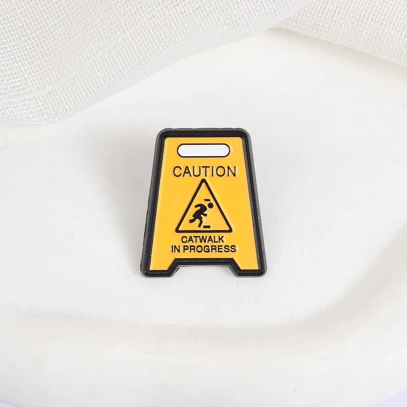 Cute Cartoon Enamel Pins Funny Caution Catwalk In Progress Metal Brooches Fashion Lapel Badge Backpack Clothes Jewelry Gift