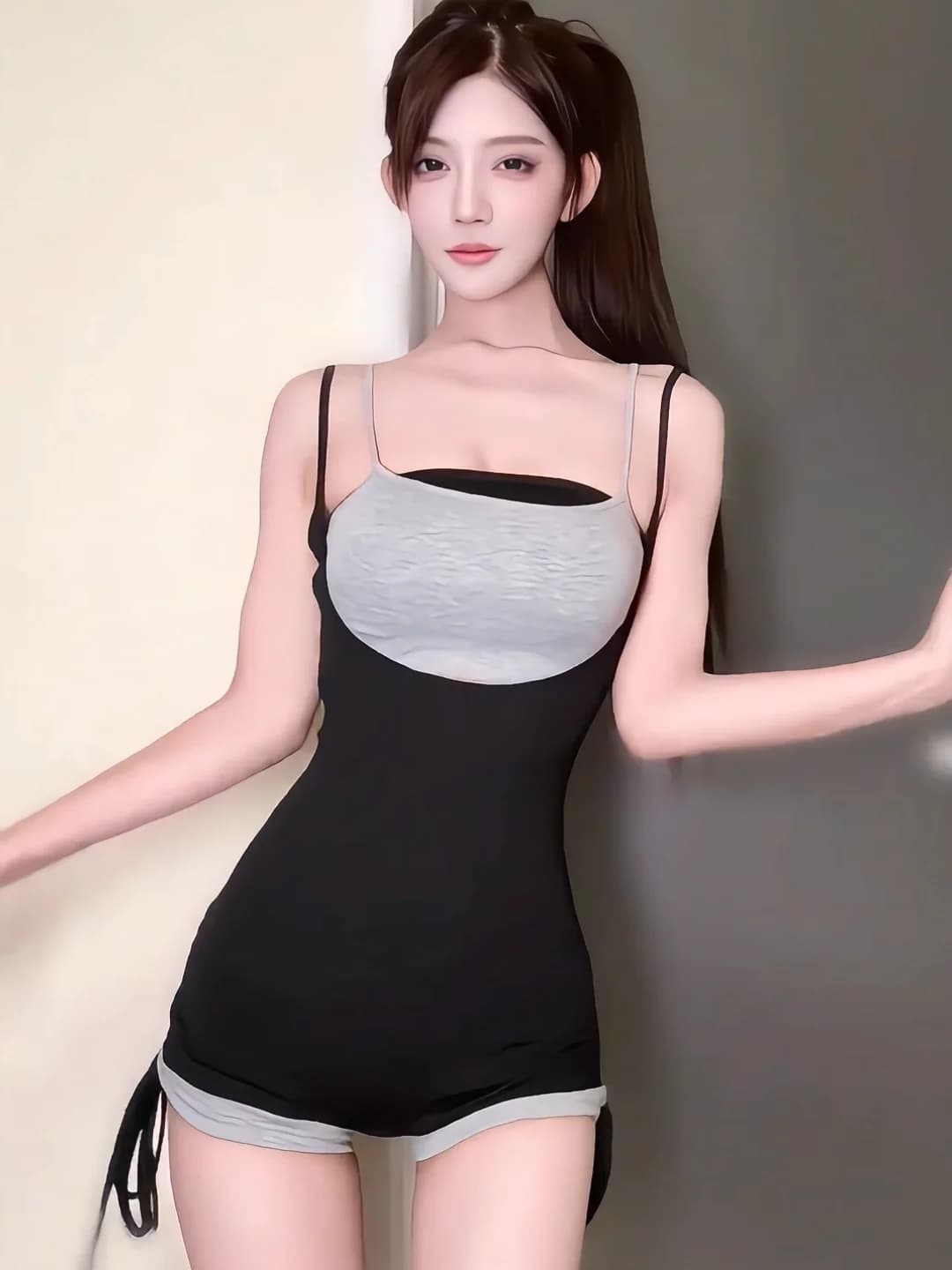 Sexy Black Grey Two-Piece Illusion Strap Jumpsuit Yoga Butt Covering Shorts Summer Fashion Set Low Waist Slim Fit Square Collar