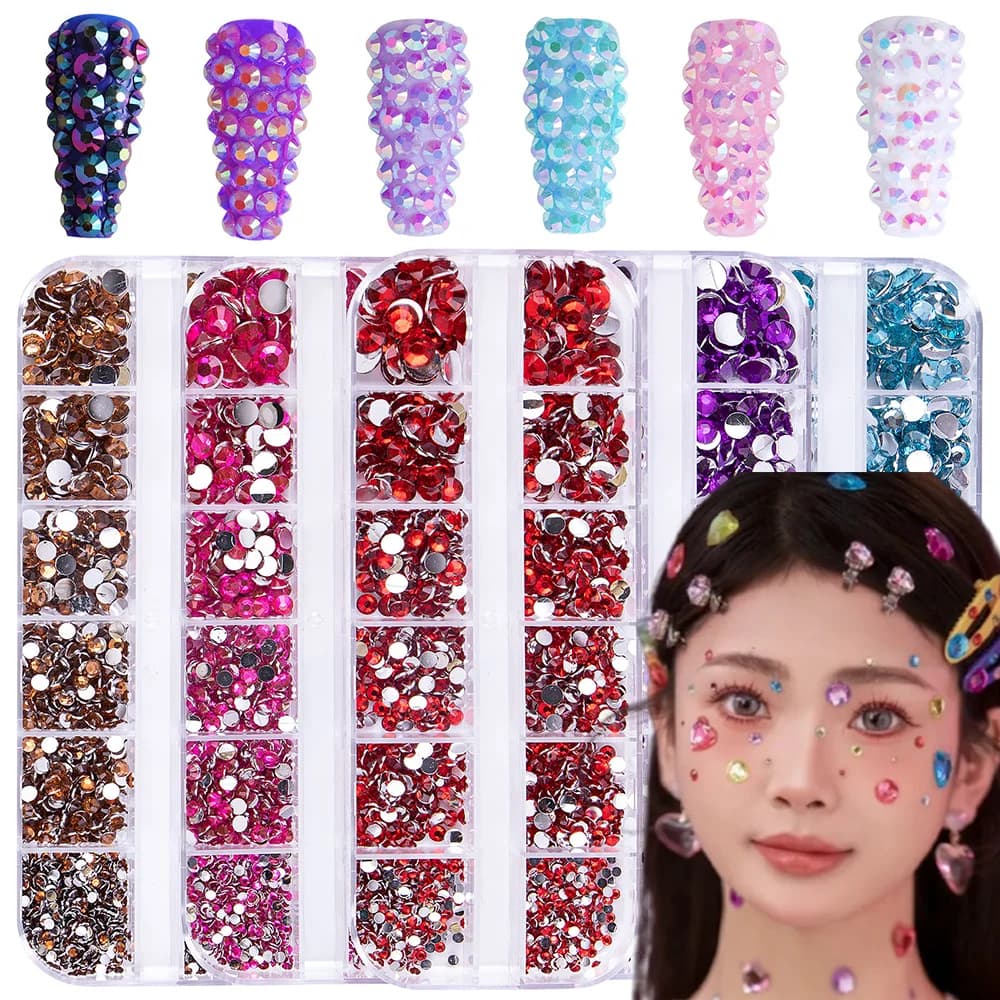 12 Griglie di Strass 3D Flatback AB/Bianchi per Nail Art, Diamanti Rotondi da 2-6mm, Decorazioni per Unghie, Viso, Corpo, Occhi e Manicure