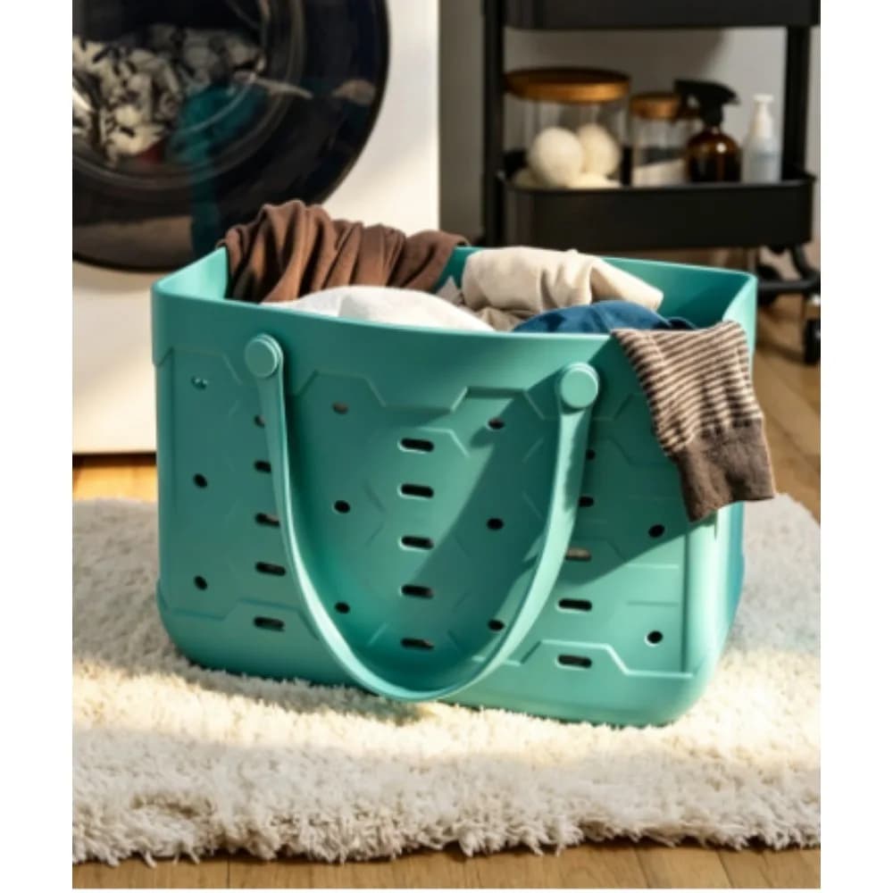 Large stretch laundry bag, teal – waterproof and washable – 18 inches wide x 8.75 inches deep x 13 inches high