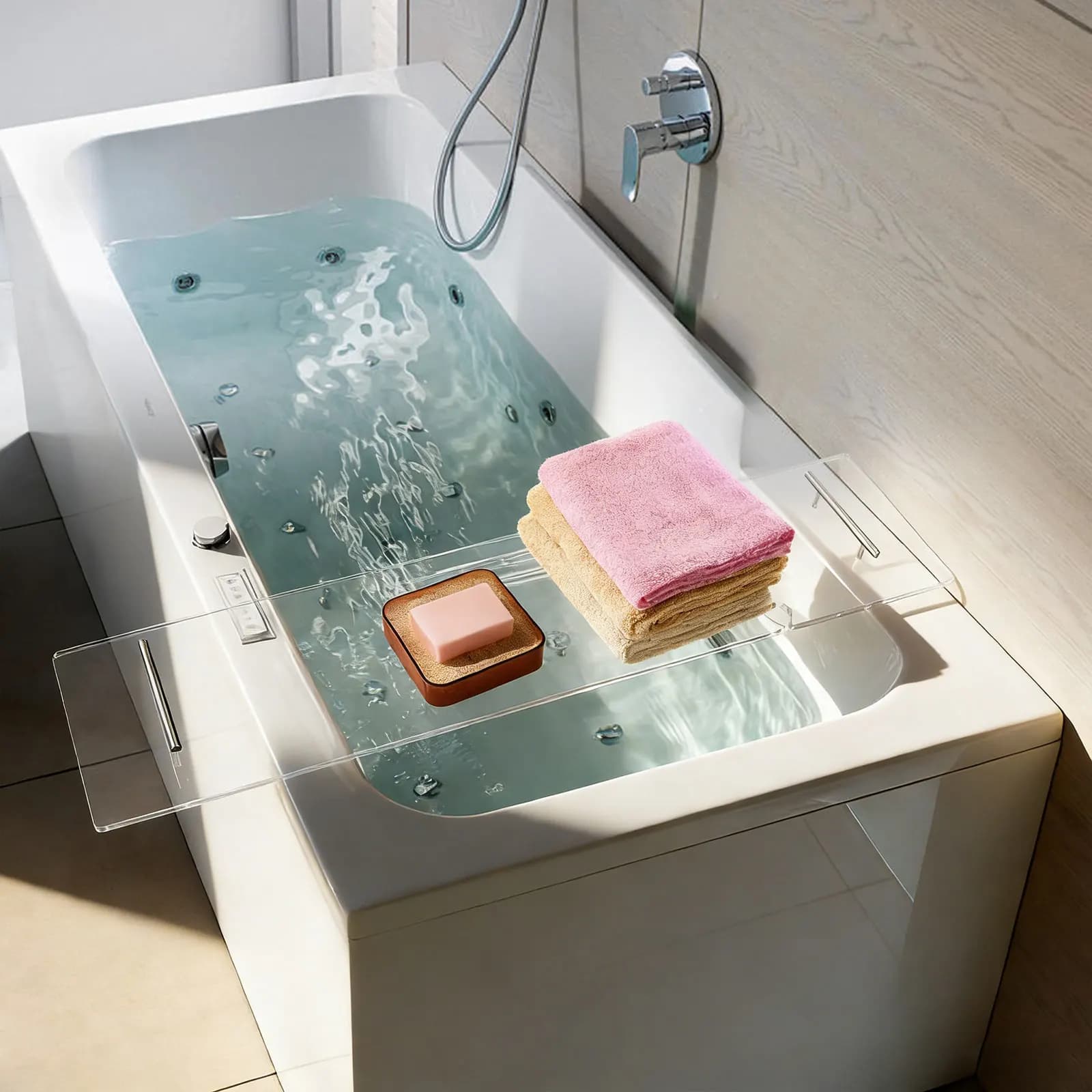 Vassoio da Bagno in Acrilico, Lussuoso Tavolino da Bagno, Tavolino Portabottiglie e Libri, Vassoio Trasparente per Vasca, Portaoggetti per Doccia per Telefono, Vino e Candele