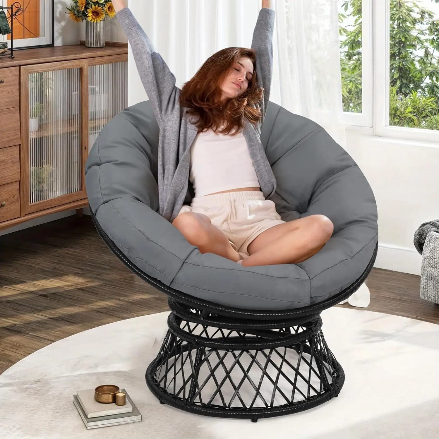 Papasan ergonomic chair in 40' wicker, 360 ° Swivel chair for interior and exterior in rattan with thick cushion, black structure, dark grey