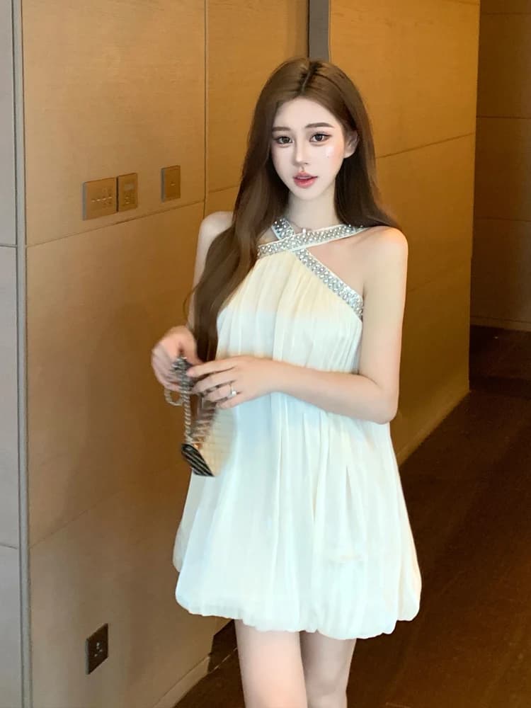 French Style Heavy Embellished Diamond Cross Neck Short Skirt Loose Fit Slimming Off-Shoulder Dress Ball Gown A-Line Silhouette