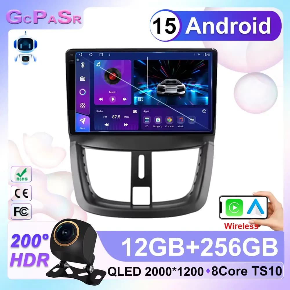 2 Din Android 15 Car Radio For Peugeot 207 CC 207CC 2006-2015 Head Unit Stereo Multimidia Player GPS Navigation Wireless Carplay