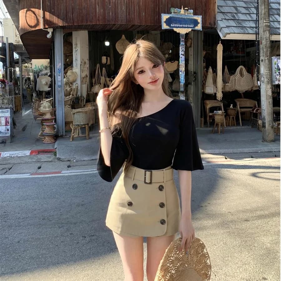 Summer 2026 Women's Vintage Sexy Bell Sleeve Asymmetrical Shoulder T-Shirt Top High Waist A-Line Slimming Skirt Set