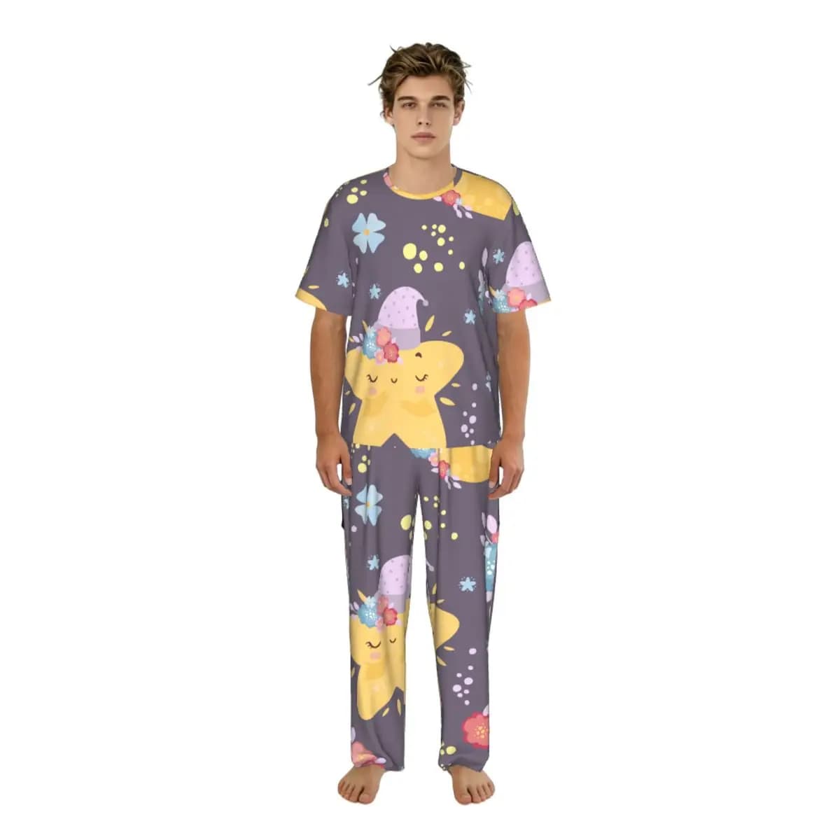 Pigiama da uomo con stampa luna e stelle, maniche corte, per primavera/estate, abbigliamento da notte maschile