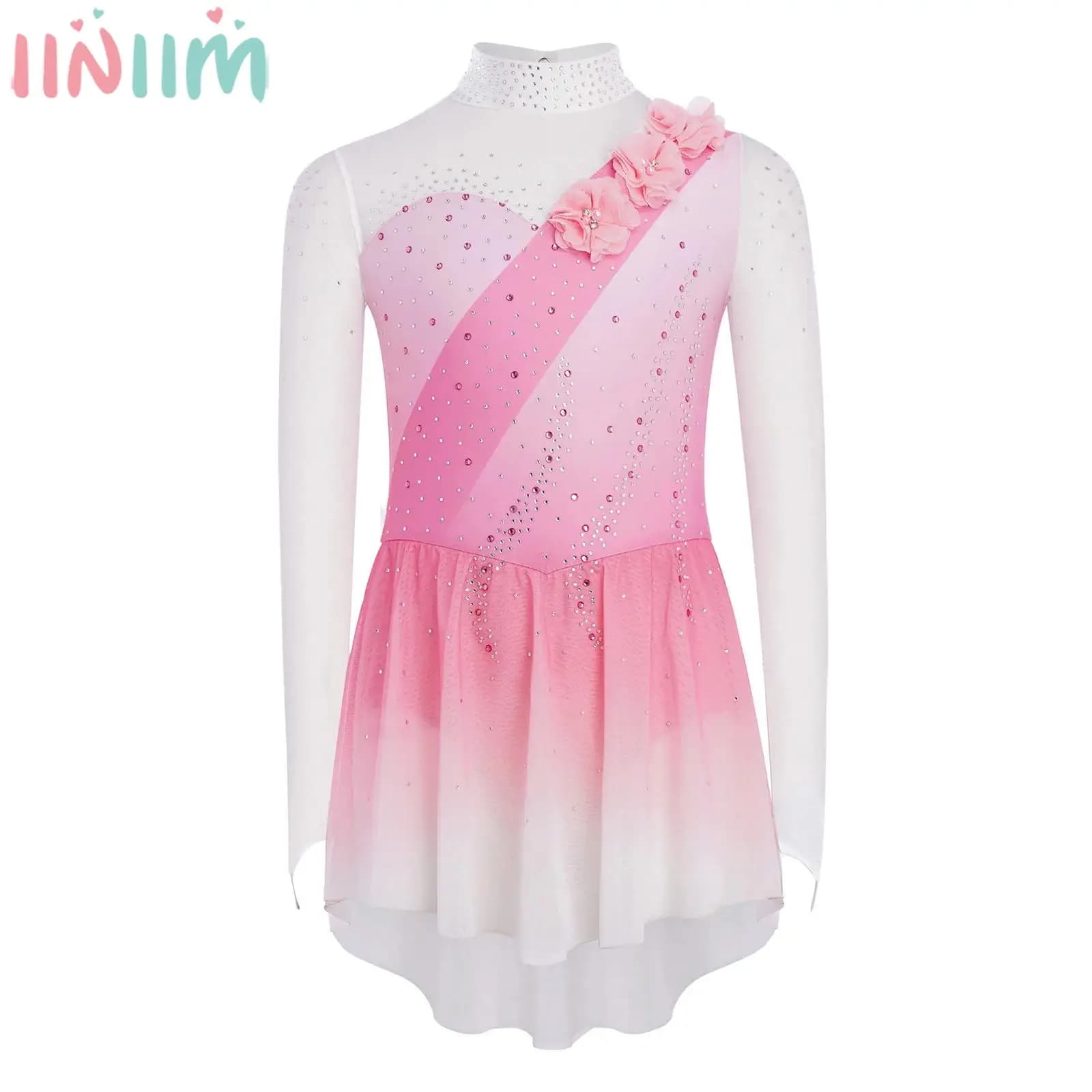 Bambini Ragazze Pattinaggio di Figura Ginnastica Vestito Lucido Strass Applique Sheer Mesh Body Tutu per Balletto Danza Acrobazie