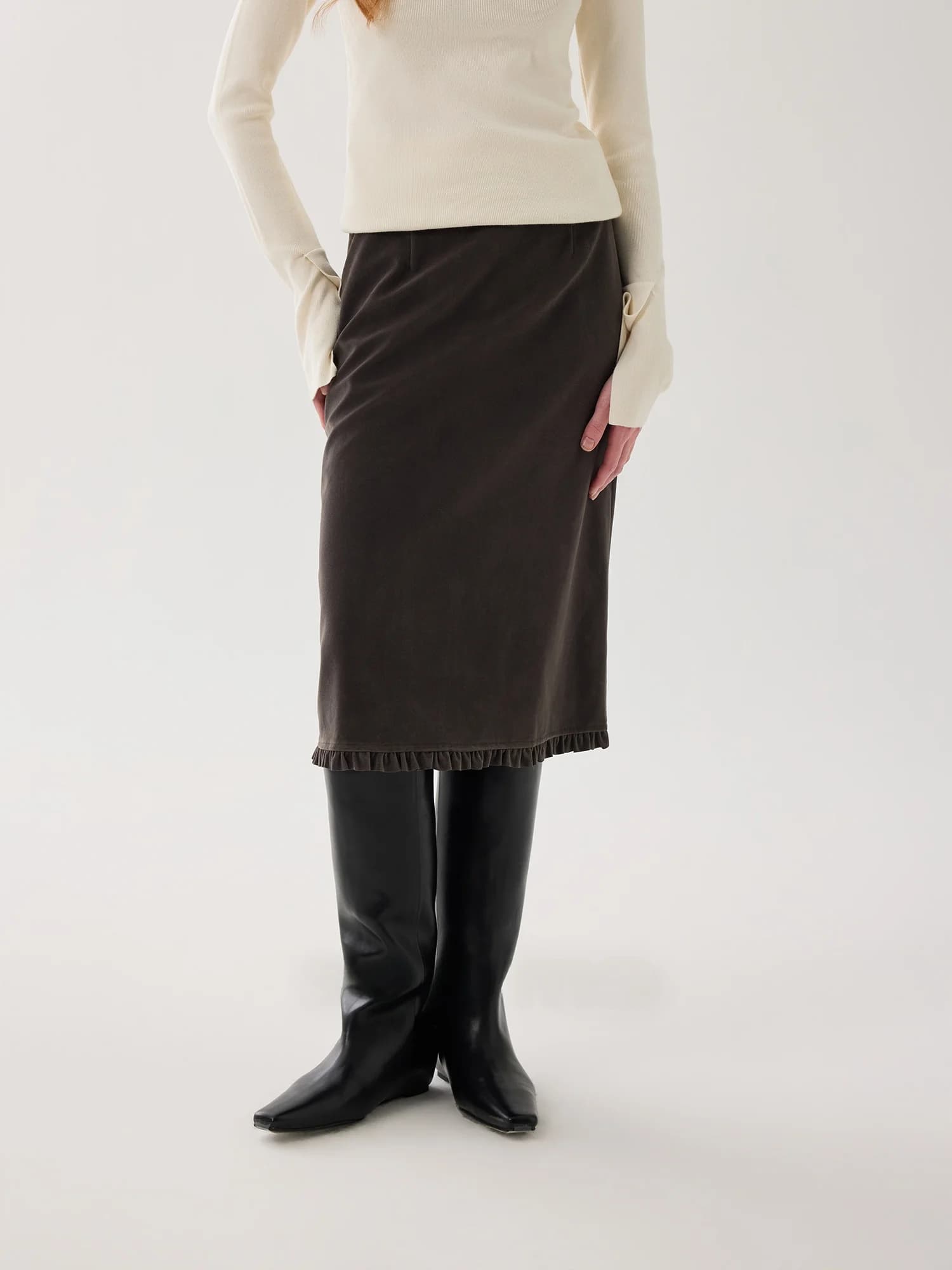 Gonna a tubino casual a media lunghezza con design a inserti in legno, gonna a trapezio da donna, semplice ed elegante in PVC e fibra di poliestere