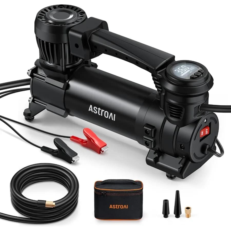 Heavy-duty air compressor for truck tire inflator with 1.97CFM auto shutoff and 12V 120PSI digital screen includes alligator cl