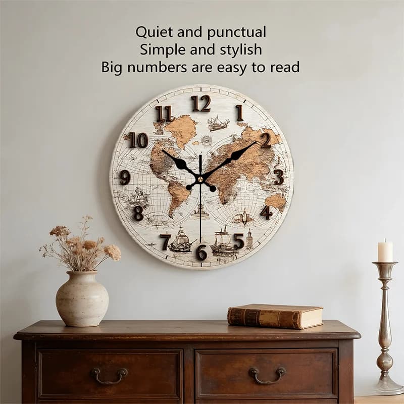 2D Flat. 1pc, Retro Wooden World Map Wall Clock, Creative Home Decoration Clock Silent Round Clock, Perfect Decoration for Bedroom, Living Room, Office, Kitchen And Bathroom, 30.48 cm (AA Batteries Not Included)
