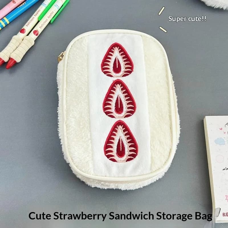 Cute Strawberry Embroidered Pencil Case, Large Capacity Multi-Functional Pen Bag Stationery Organizer for School Office, Portable Makeup Storage Pouch