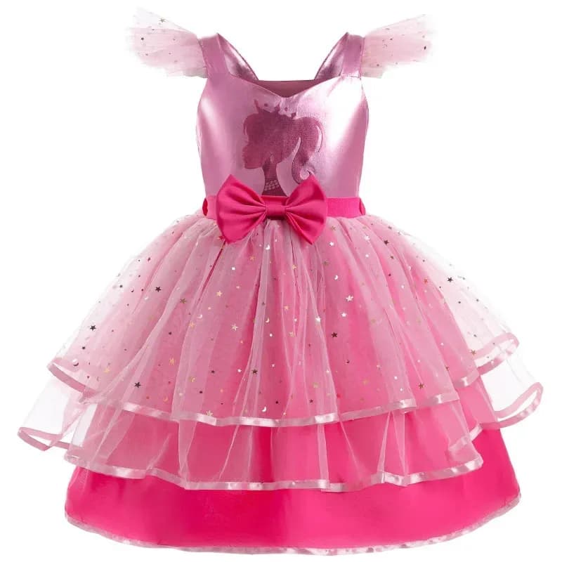 Nuovo abito cosplay da ragazza con maniche volanti con stampa di fiocco Barbie per la festa di laurea Abito in rete alla moda dolce e carino