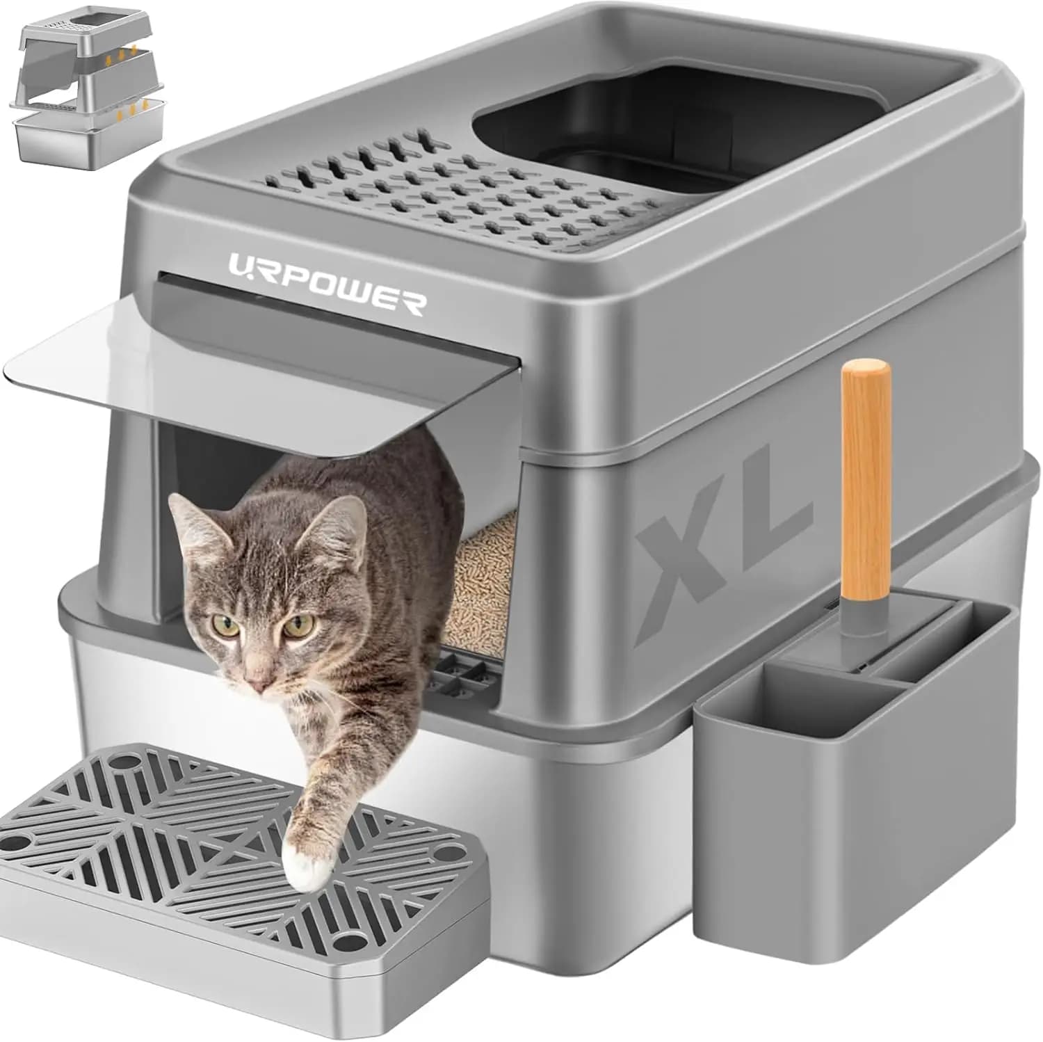 Lettiera per Gatti in Acciaio Inossidabile con Coperchio, Design Chiuso Extra Large, Ingresso Frontale e Superiore, Anti-Perdita, Facile da Pulire