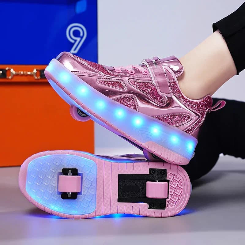 Scarpe da ginnastica per bambini Scarpe da ginnastica per ragazze da uomo Pattini da ghiaccio Pattini da ghiaccio con ruote Luce a led rosa Scarpe a led per bambini Calzature casual con ricarica USB per ragazzi