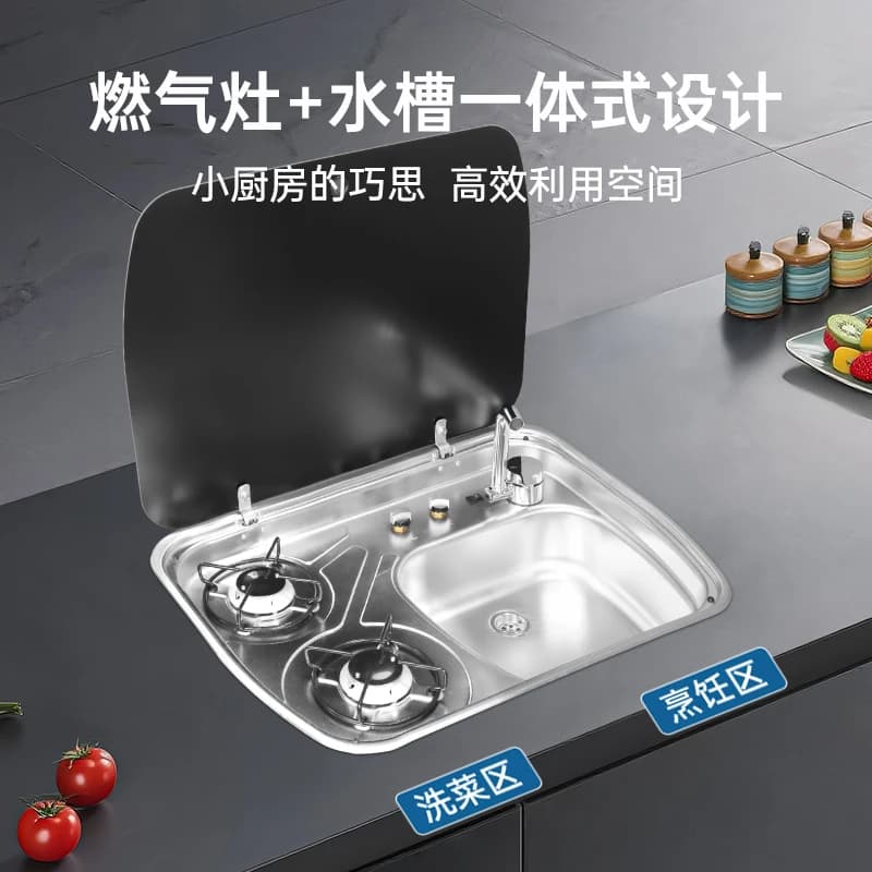 GR-588 stainless steel camping sink with burner double cooker – Foldable sink for Washing Hands and Vegetables for Camper and External Use