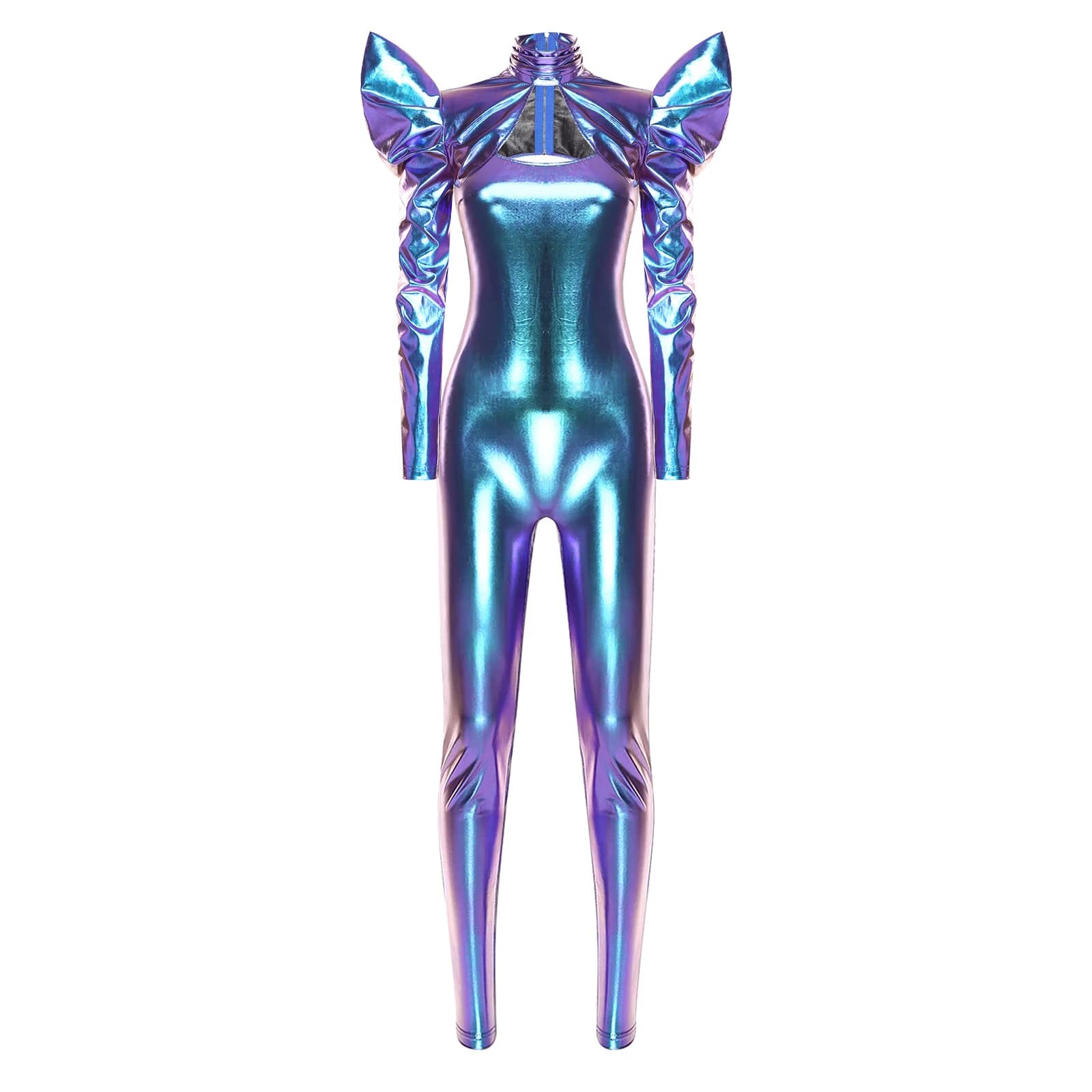 Completo da discoteca da donna metallizzato lucido con leggings a zip posteriore, tuta aderente e crop top con shrug per feste rave, discoteche e abbigliamento da ballo
