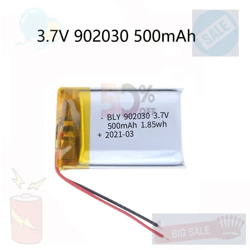 Batteria Ricaricabile agli Ioni di Litio Polimerica 3.7V 500mAh 902030 per Luci LED, Altoparlanti Bluetooth, MP5, Selfie Stick, Batteria 902030