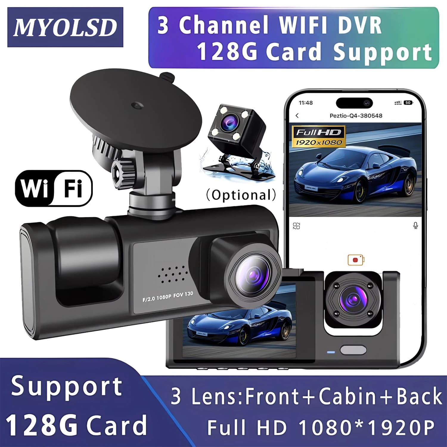 Telecamera da cruscotto WIFI-3 per auto, videocamera FHD 1080P, registratore video DVR per auto, telecamera anteriore e posteriore, visione notturna, scatola nera, dashcam per auto