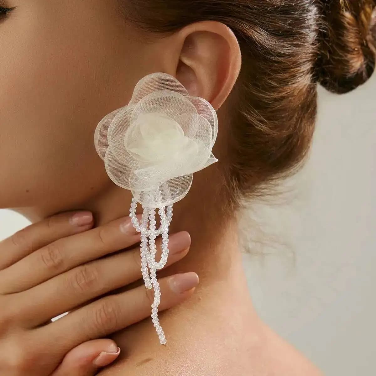 KunJoe Romantic Yarn White Flower Earrings for Women Bridal Elegant Rose Floral Ear Stud Bead Tassel Earrings Wedding Jewelry